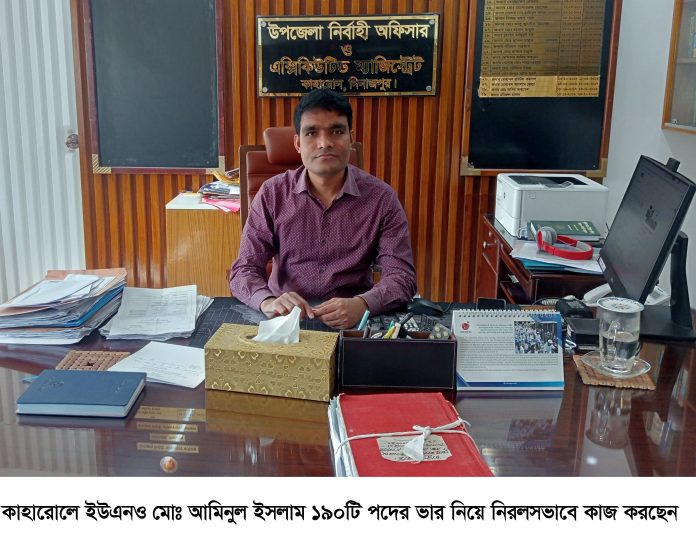 কাহারোলে ইউএনও এর কাঁধে ১৯০টি পদের ভার নিয়েও নিরলসভাবে কাজ করছেন